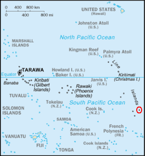 Map of the Pacific Ocean showing the location of Kiribati's Islands, its capital, Tarawa and the archipelago's easternmost point, Caroline Atoll (shaded by a red circle) which is the first place on Earth to see a new calender day