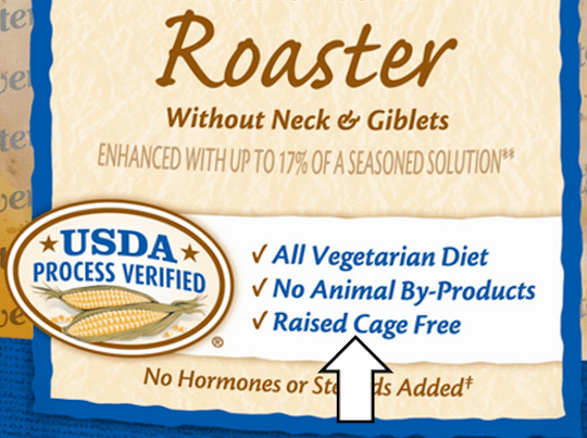 This is a label from Perdue's Roaster asserting vegetarian and cage free.