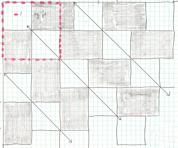 Practice on graph paper (1 square = 1 inch). White = 6" x 6", grey = 6" x 9". Arrows denote diagonals of herringbone pattern. Red dashes mark starting point & one square foot.