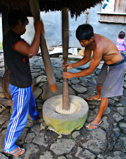 Pounding with Use of Wooden Pestle and Stone Mortar to Separate Rice Grain from Hull (Image Credit: AkosiSuperEdwinK from pinoyphotography.org)