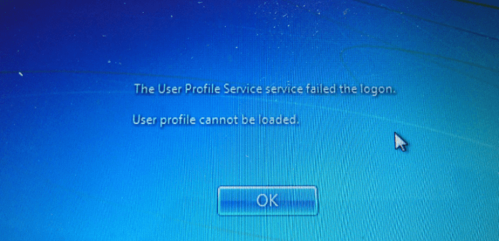 The 'User Profile failed the logon' error can be fixed via administrator and secondary account, and use of Safe Mode
