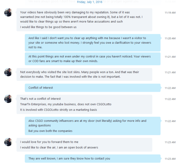 HonorTheCall sent me all the Skype Chat Logs he had with Tmartn, for a man who claims he's an "Open book of answers" he sure did block me on Twitter!