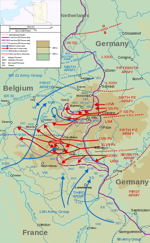 The major German counter-offensive in the Ardennes became known as the "Battle of the Bulge" a phrase coined by the American press who described it in terms the way the Allied front bulged inward on wartime news maps.