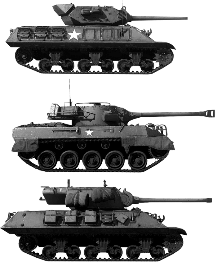 The different variations of the American M-18 Hellcat tank destroyer of the 705th Tank Destroyer Battlion 1944.