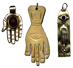 Combining the imagery of Greek and Turkish blue eye charms with the downward-facing Arab and Israeli hamsa hand, the Eye-in-Hand is common in India and the southern Mediterranean region.