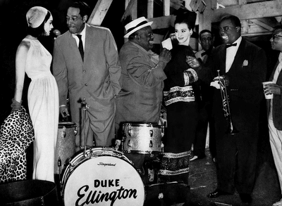 Duke, Armstrong and Singer Jimmy Rushing; Hanging out with High Fashion Models Backstage at Newport 1962