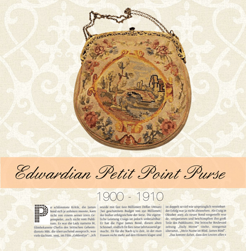 Petit Point Edwardian handbags were handmade with needlepoint application of scenic designs, each side with a different story to tell.