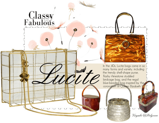 Vintage-inspired reproductions of the 1940s Lucite handbags made mainly from wood or plastic materials.