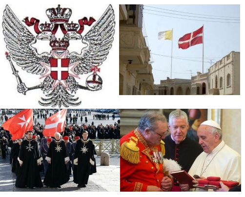 Top Pictures - Knights of Malta coat of arms. Vatican flag and the flag of the Knights of Malta. Bottom Pictures - Knights of Malta celebrating 900 yrs at the Vatican. Pope Benedict was a member. Their Anthem is 'Ave Crux Alba' (Latin).