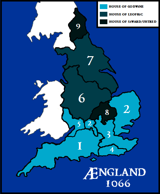 English family links and earldoms after Tostig's deposition 1065: 1-5 The Godwinsons: Harold, Gyrth, Leofwin; 6-7 Leofric's heirs: Eadwin, Morkere; Siward's kin: 8. Waltheof, 9: Gospatric