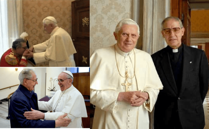 Fra' Matthew Festing, the 79th Prince and current Grand Master of the Sovereign Military Order of Malta, kissing Pope Benedict's ring. Pope Francis and the Jesuit Superior General Adolfo Nicolas. Who serves who? Pope Benedict XVI (now called Pope Eme