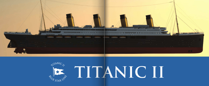 Titanic II's official design released in February 2013. Intended to be as close a replica as modern regulations and safety features will allow. The replica titanic will be 15 feet wider than the original ship.