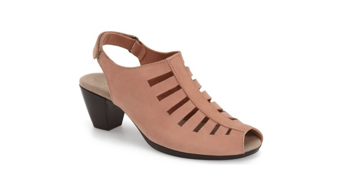 slingback sandal with peep toe and stacked heel is shock-absorbent, flexible and slip-resistant, adjustable strap with buckle closure, leather upper/textile lining/rubber sole, 2.5 inch heel