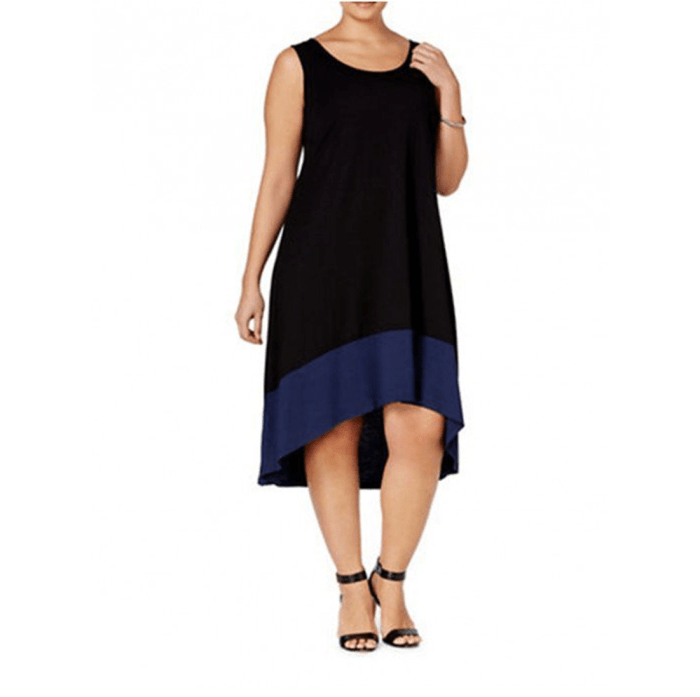 sleeveless dress with A-line silhouette, colorblocking and high-low hem -- the stylish hemline emphasizes the legs