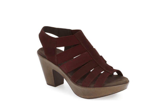stylish platform sandal with chunky heel and slingback strap, molded and shock-absorbing sole make it comfortable, mix of leather and elastic laddered straps, 3 inch heel, 1.5 inch platform