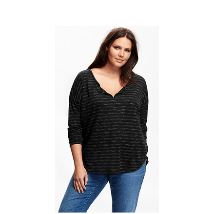 split V-neck henley, soft lightweight burnout jersey in all-over stripes with drop-shoulder, rounded hi-lo hem