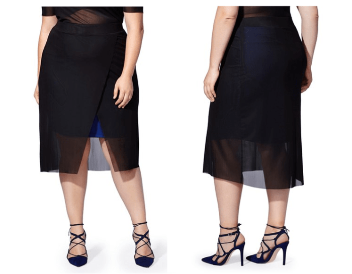 for those with lovely legs, this vibrant stretch-knit skirt with asymmetrical black-mesh overlay wrap is for you