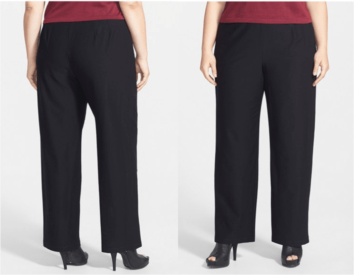 casual yet elegant pull-on straight-leg pants with elastic waistband, no pockets (70% viscose rayon, 24% nylon, 6% spandex)