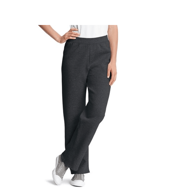 cotton/polyester fleece relaxed sweatpants with flat elastic waistband -- no drawstring, pockets or cuffs