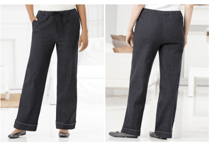 comfy, stretchy wide legged denim pants: all around elastic waist, drawstring, slash pockets, stitched cuffed hem
