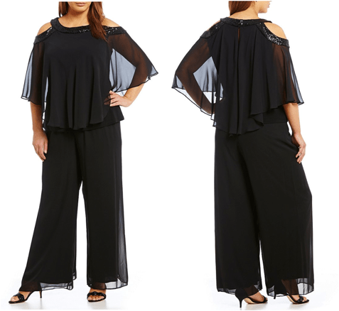 evening pant set with chiffon popover capelet, cold-shoulder sleeves, sequin trim at neck and shoulder
