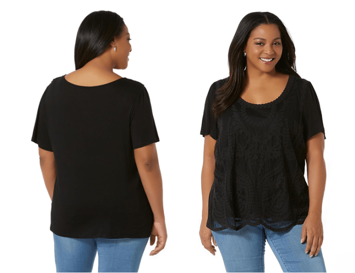 lace trim top in a lightweight rayon knit with floral lace overlay, scalloped hem, gathered shoulders and deep scoop neck