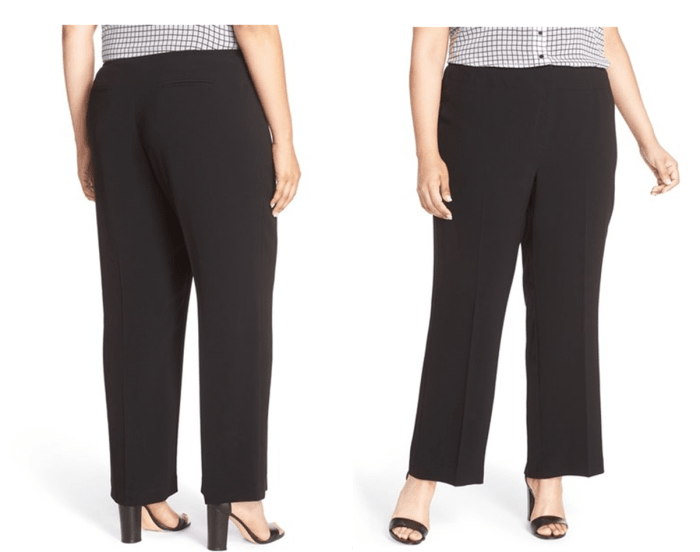 classic straight-leg cut pants tailored for a smooth, clean fit in seasonless crepe, elastic insets discreetly hidden at the side waist , zip fly with hook-and-bar closure, back welt pockets