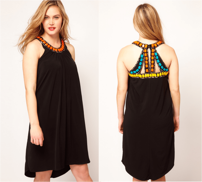 relaxed jersey sleeveless swing dress, scoop neckline with beaded embellishment, cutout back with an embellished beaded trim and a dipped reverse hem