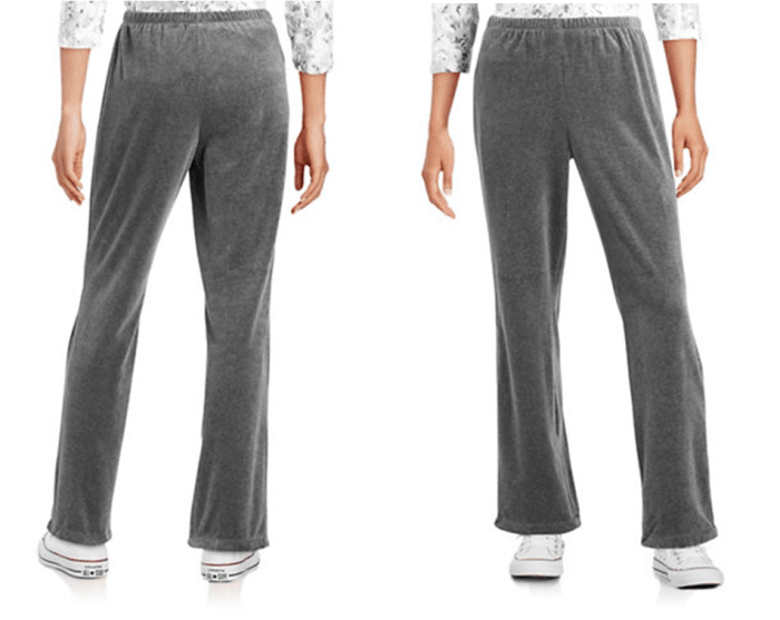 extremely comfy relaxed fit cotton-poly velour pants can be dressed up or down -- the thin elastic waistband won't fold over at waistline
