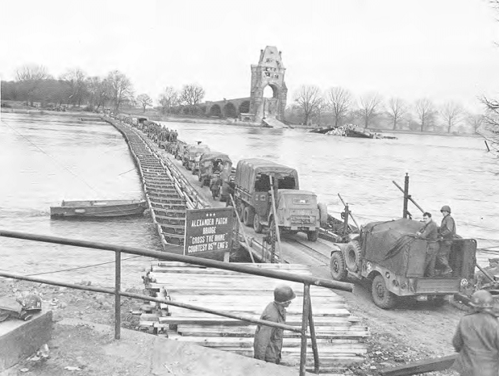 Patch's 7th Army crossing the Rhine over "Alexander Patch Bridge." Note the destroyed stone bridge on the other side of the River.