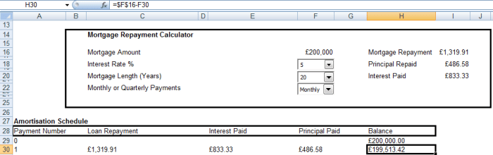 Calculating the balance of the loan or mortgage in an Amortization schedule created in Excel 2007 and Excel 2010.