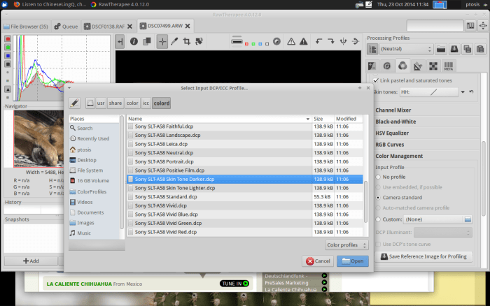 extract zip files to default directory that RawTherapee looks at, to do this extract and save in home directory, then in terminal mode typ the following while inside the directory where the files are located: sudo cp * /usr/share/color/icc/colord