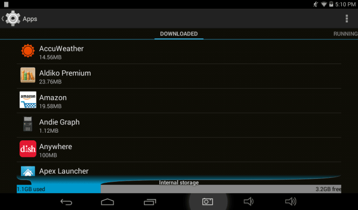 BEFORE: All apps stored in internal memory, the default and only option that my Apex TM772 tablet uses.