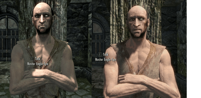 A beggar in Skyrim before installing the Improved NPC Clothing mod by BaronDavid (left) and afterwards (right) to illustrate the improvements. Picture courtesy of Skyrim Nexus, Bethesda and Zenimax.