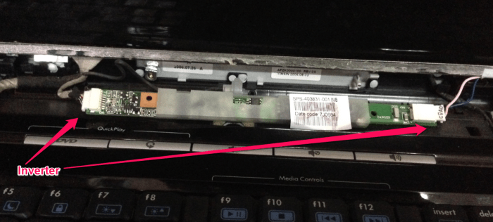 A six inch long inverter board. Its failure will manifest in a faint/dim display on the laptop screen