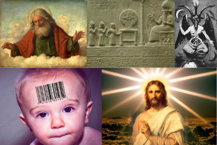 Clockwise: God, an Anunnaki upon his throne, the Demiurge, the Christ consciousness, and a genetic modified human specie.