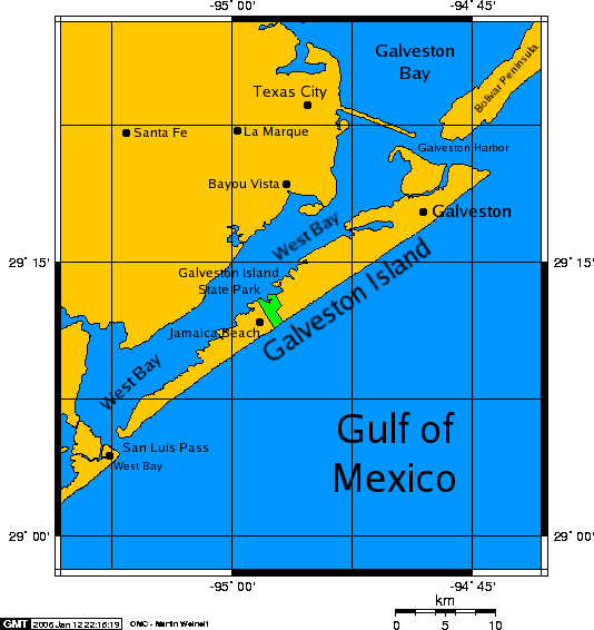A map of Galveston Island, a barrier island on Galveston Bay of the Gulf Coast of Texas. The city of Galveston, Texas is located on part of the island. It is about 50 miles (80 kilometers) south of the city of Houston.