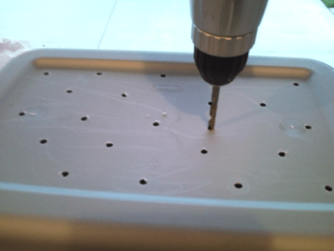 Try to get your holes spaced about 2 to 21/2 inches from one another on all surfaces of the tote and lid that you are drilling.
