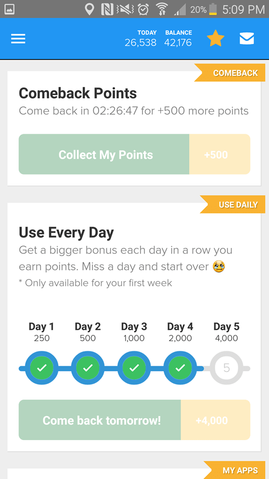 Here you can see how the app looks opened with your check-in streak and time period bonuses.