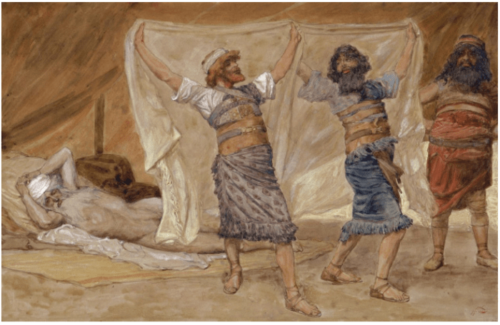 Noah gets off of the life sparing ark and, sometime later, plants a vineyard. He is so delighted with the wine that comes from the vineyard that he overdoes things and gets drunk in his tent.