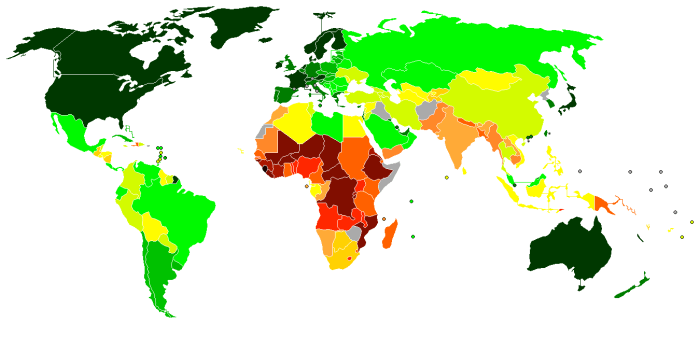 WORLD MAP OF THE HUMAN DEVELOPMENT INDEX (A COMBINED MEASUREMENT OF STANDARD OF LIVING, EDUCATION, LITERACY, AND LIFE EXPECTANCY) DARK GREEN FOR MOST HIGHLY DEVELOPED HUMAN BEINGS; DARK RED FOR LEAST DEVELOPED)