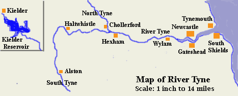 Tyne rivers map - the river originates in two different areas as the North Tyne and south Tyne before coming together near Hexham and flowing east past Newcastle and Gaeshead to the North Sea