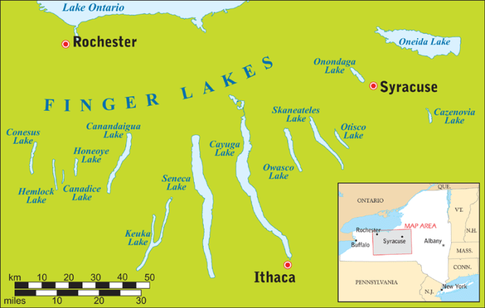 Map of the Finger Lakes region of New York State.