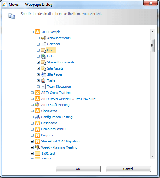 In Content and Structure, select the destination location to move the item / document