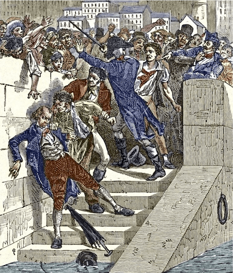 Mob Attacking Jacquard in Lyon, France. Artwork from Les Martyrs de la Science (G. Tissandier, 1882)