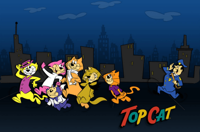 The cast of Top Cat (L to R): Top Cat, Choo-Choo, Benny, Fancy-Fancy, Spook, Brain, and Officer Dibble