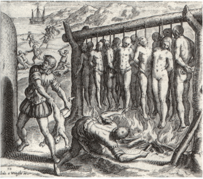 Source 7: Depiction of Spanish atrocities committed in the conquest of Cuba in Las Casas's "Brevisima relación de la destrucción de las Indias". The rendering was by the Flemish Protestant artist Theodor de Bry. (1552)