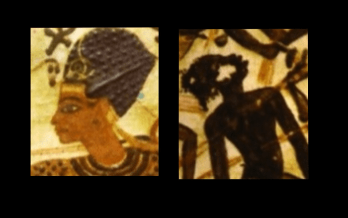 Look very closely and you can see the facial image of the Nubians is the same as the Nubian slave above. These photos also depict the Egyptians with straight hair and light brown skin.