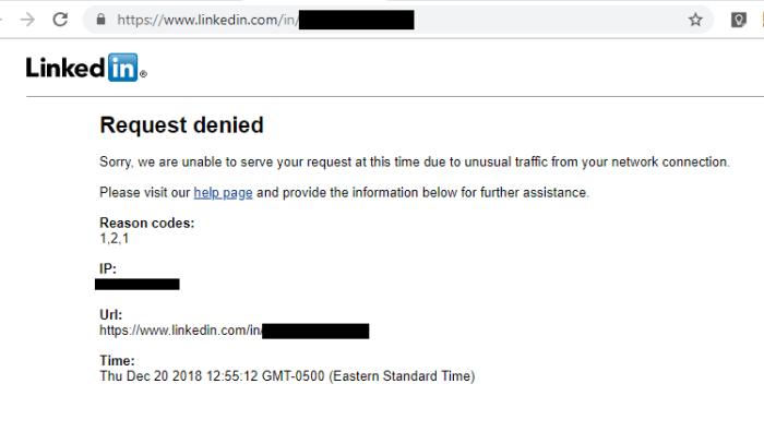 Look at this error LinkedIn is throwing when you click a LinkedIn link from inside of the Broken Link Checker WordPress plugin. It's a 999 server error. I've redacted the profile I was testing for privacy issues.