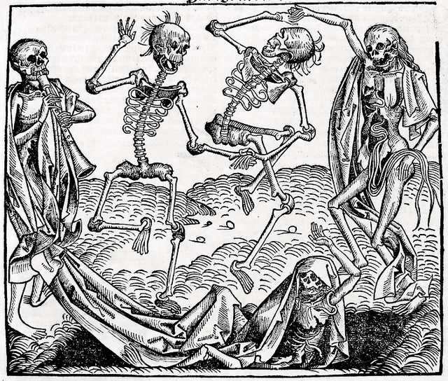 This image of the Dance of Death (by Michael Wolgemeut) was published in Hartman Schedel's Chronicle of the World (Nuremberg, 1493).